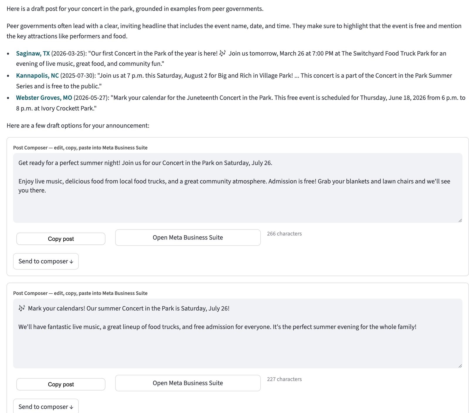A GovFeeds AI chat reply drafting a concert-in-the-park announcement: cited examples from Saginaw TX, Kannapolis NC, and Webster Groves MO, followed by two draft options in composer cards, each with Copy post, Open Meta Business Suite, a character count, and a Send to composer button.