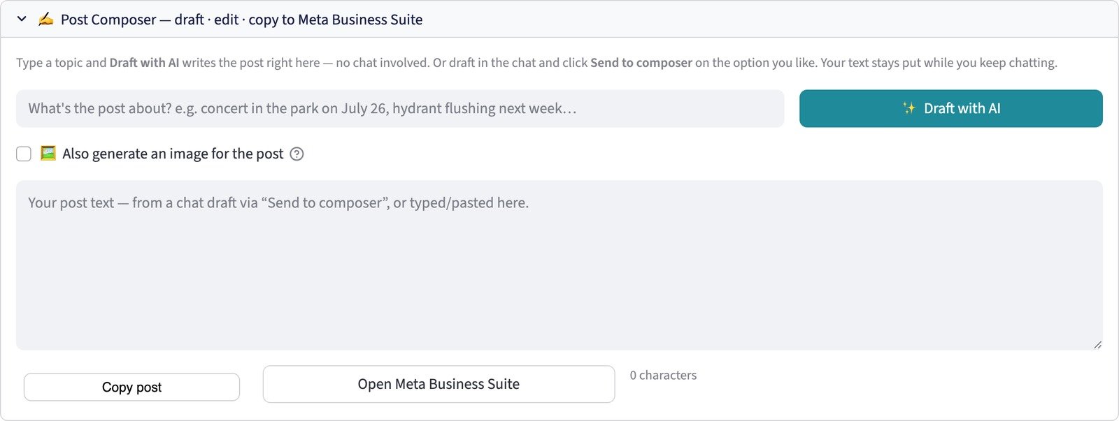The GovFeeds Post Composer panel: a topic box, a Draft with AI button, an option to also generate an image, an editable post area, and Copy post / Open Meta Business Suite buttons.
