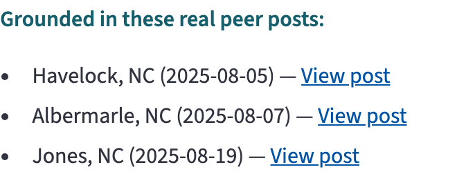 The composer's source list: Grounded in these real peer posts, citing Havelock NC, Albermarle NC, and Jones NC with dates and View post links.
