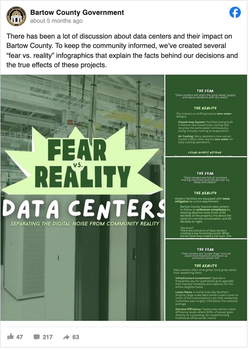 Bartow County, Georgia Facebook post sharing fear versus reality infographics about data centers covering water supply, noise and power
