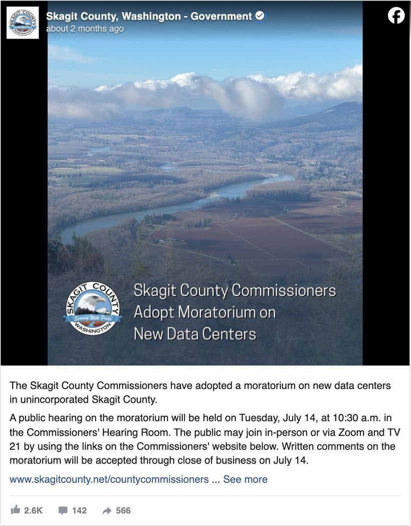 Skagit County, Washington Facebook post announcing county commissioners have adopted a moratorium on new data centers in unincorporated Skagit County