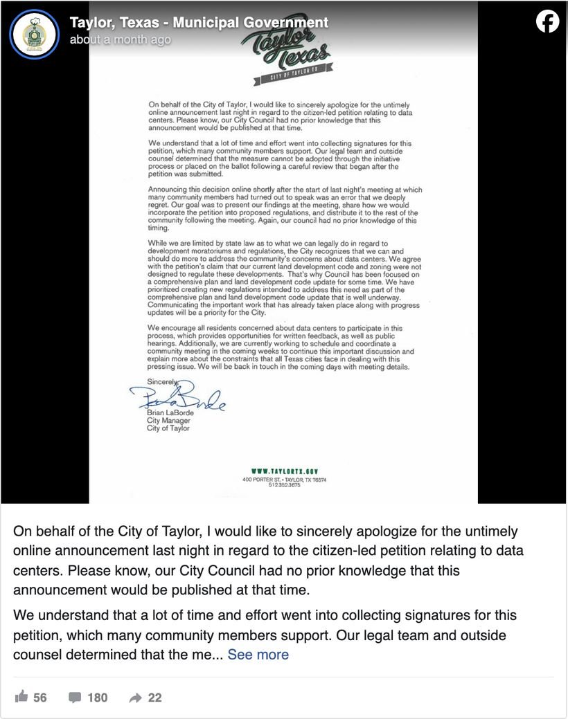 City of Taylor, Texas Facebook post apologizing for an untimely online announcement regarding a data center project