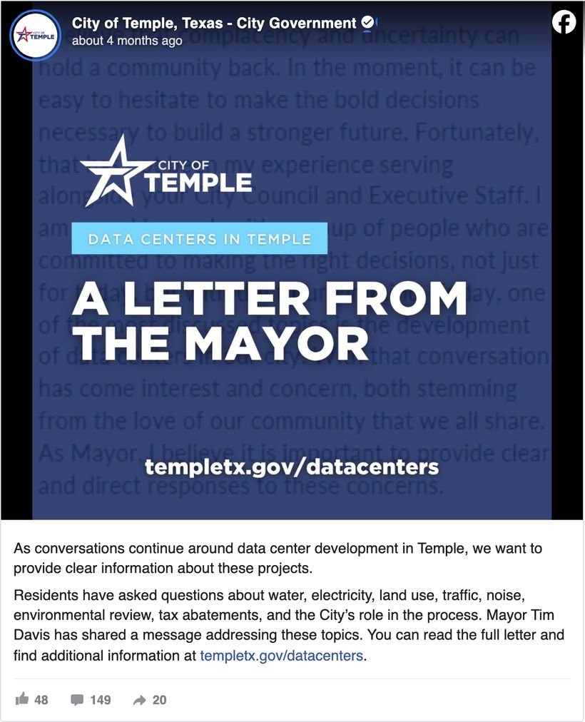 City of Temple, Texas Facebook post providing clear information about data center projects and listing resident questions about water, electricity, land use, traffic, noise, environmental review and tax abatements