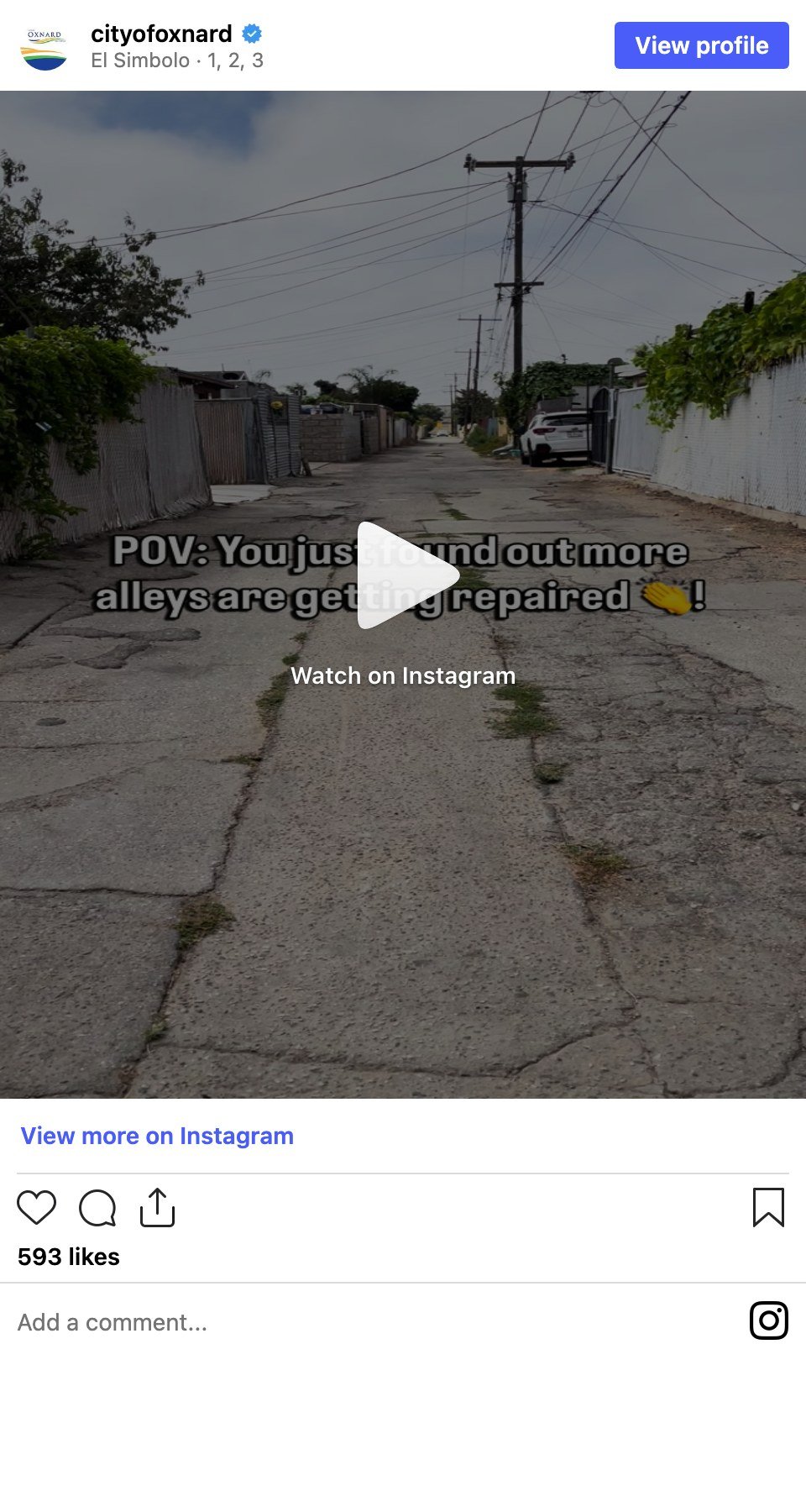 City of Oxnard Instagram video post announcing that twelve aging asphalt alleys in the La Colonia neighbourhood are being improved