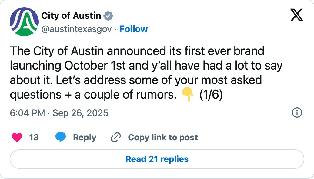 City of Austin post on X acknowledging that residents have had a lot to say about the city's first ever brand, launching October 1st