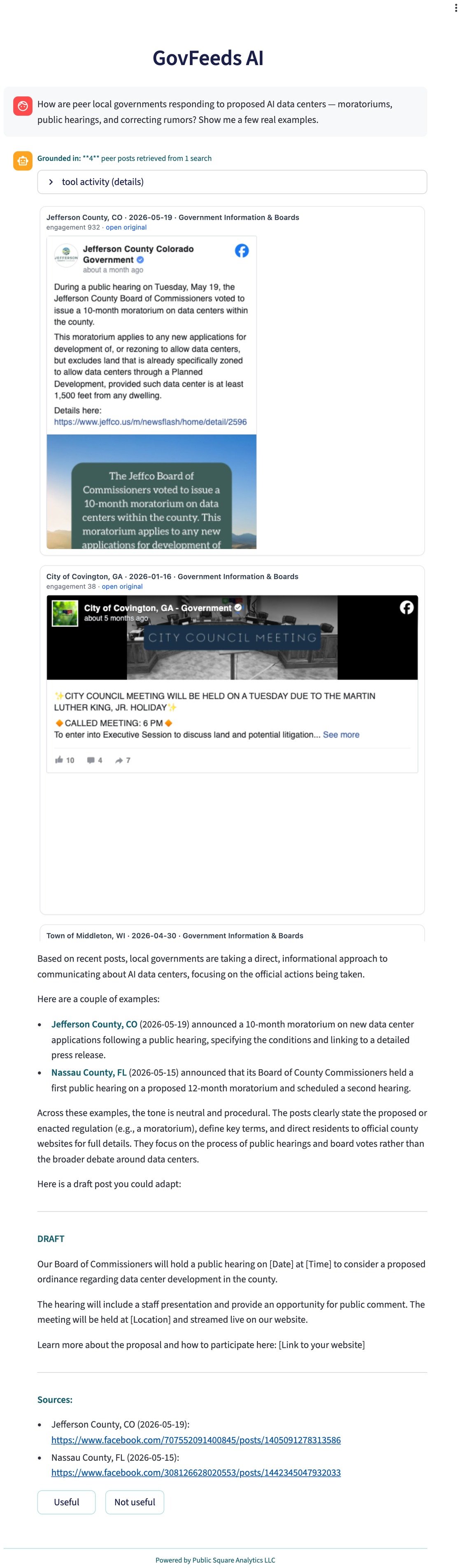 Real GovFeeds AI session: a question about how peers communicate on proposed AI data centers, grounded in real peer posts, returning a sourced summary of county moratoria and public hearings plus a draft hearing announcement.
