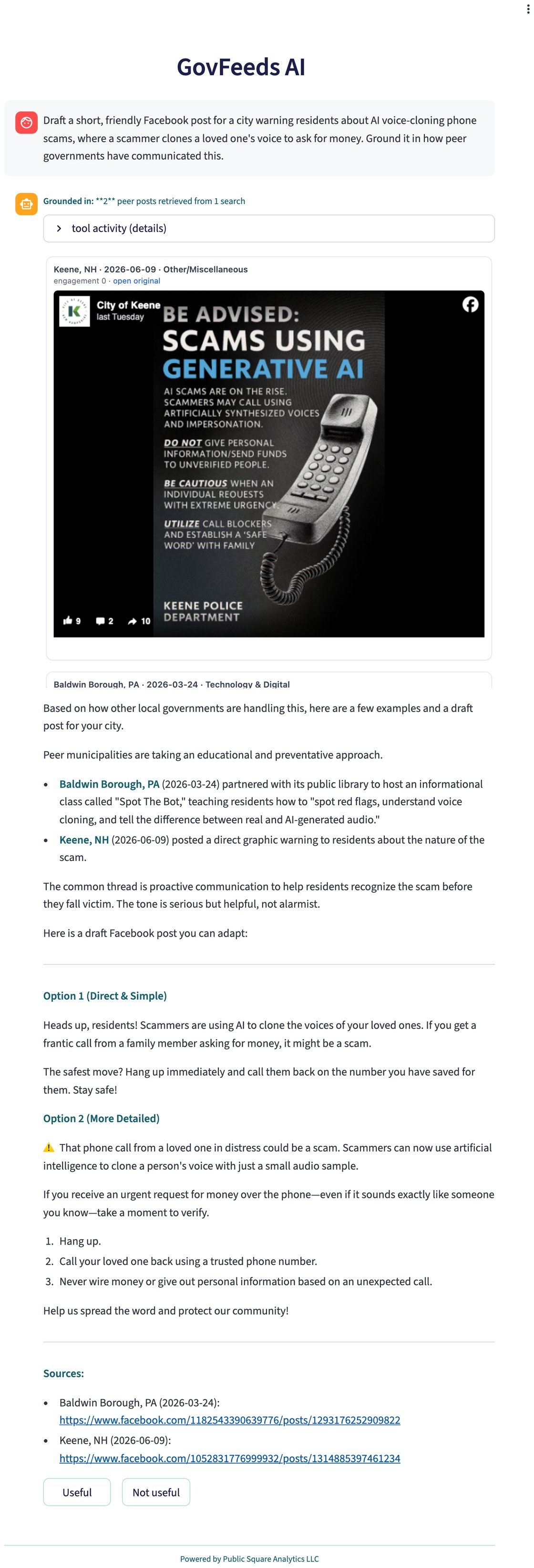 Real GovFeeds AI session: a prompt asking it to draft a city warning about AI voice-cloning scams, grounded in two real peer posts (Baldwin Borough, PA and Keene, NH), returning a cited draft.