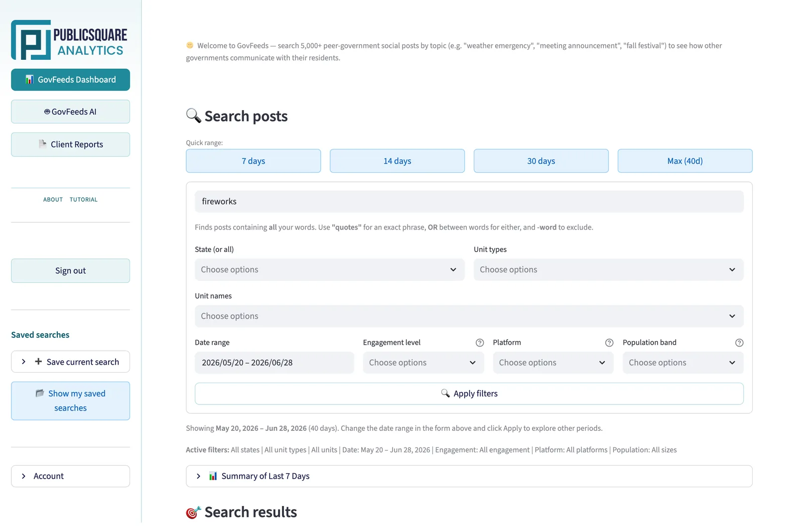 The GovFeeds app: searching 5,000+ peer city and county government social-media posts, filtered by state, population, engagement level, and platform.