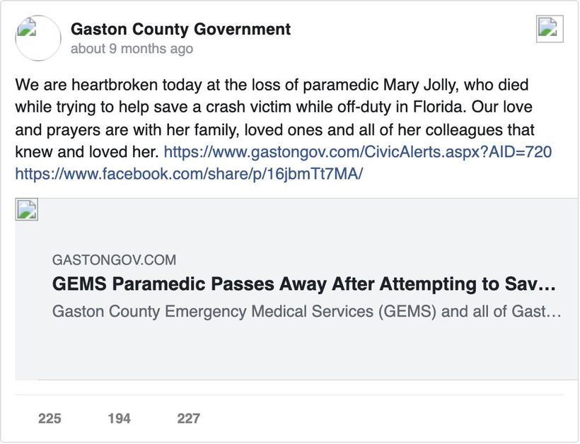Gaston County, North Carolina Facebook post announcing the death of a paramedic who died trying to save a crash victim, linking to the county's full statement