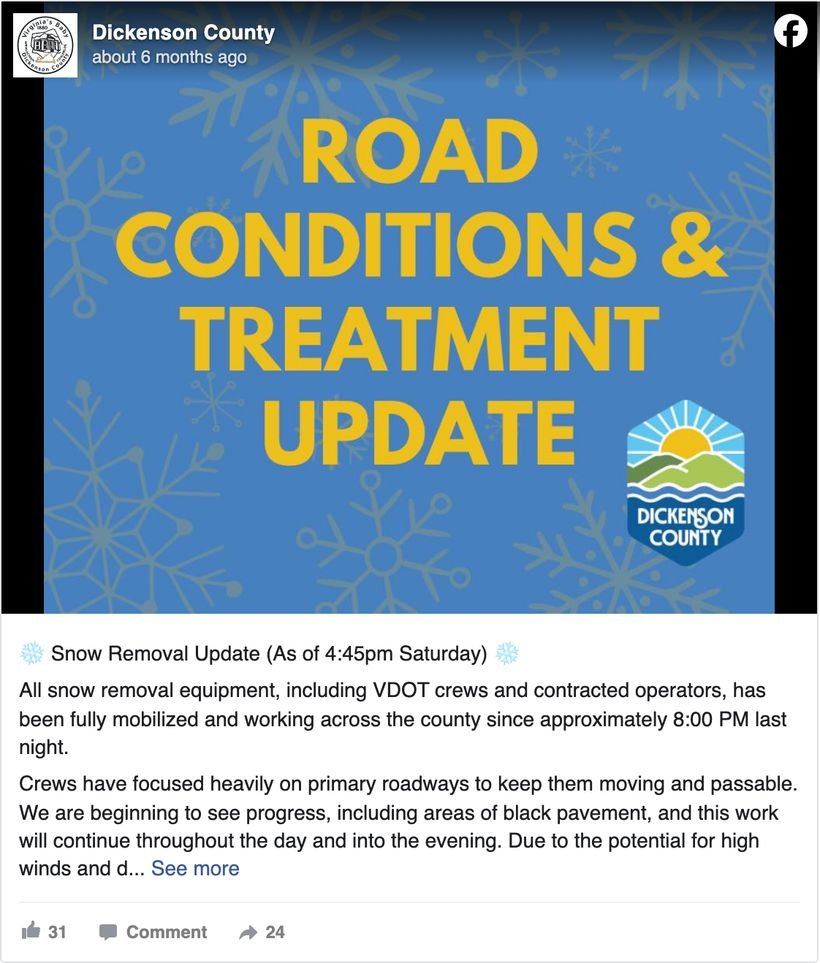 Dickenson County, Virginia snow removal update correcting social media rumors that the county and VDOT are out of road salt