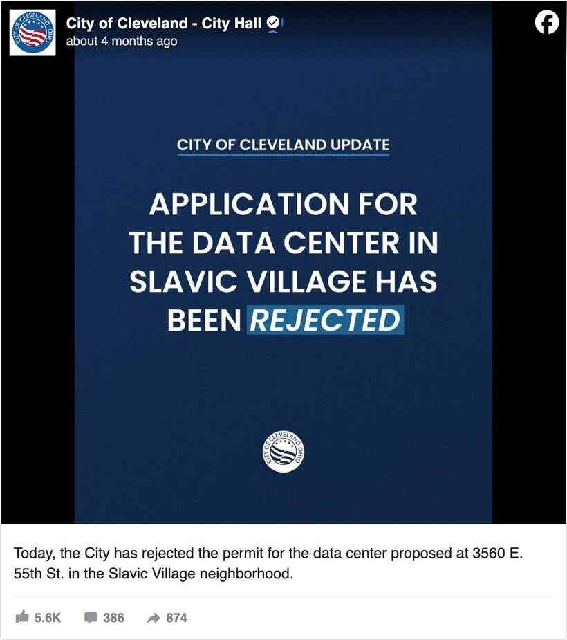 City of Cleveland, Ohio Facebook post announcing the application for the data center in Slavic Village has been rejected, showing 5.6K reactions, 386 comments and 874 shares