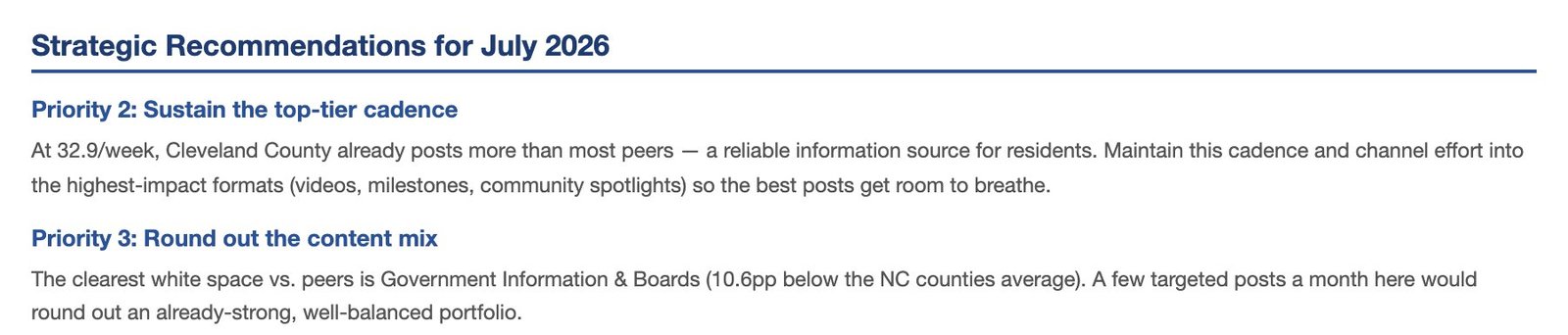 Recommendations section of a GovFeeds monthly report with two priorities for the coming month: keep the posting rhythm, and add a few posts on government information and board topics