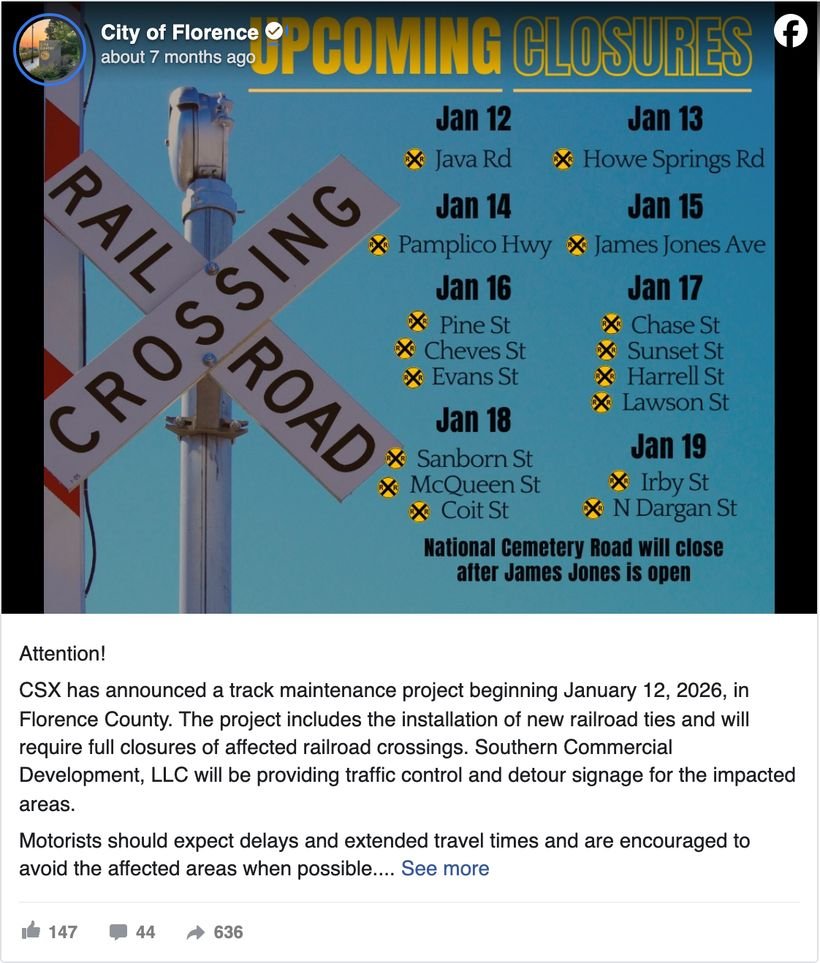 Florence County, South Carolina Facebook post announcing a CSX track maintenance project with dates and affected crossings
