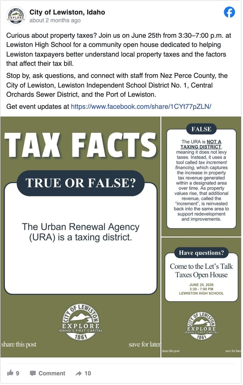 City of Lewiston, Idaho Facebook post inviting residents to a property tax open house, with TAX FACTS true-or-false graphic cards explaining the urban renewal agency