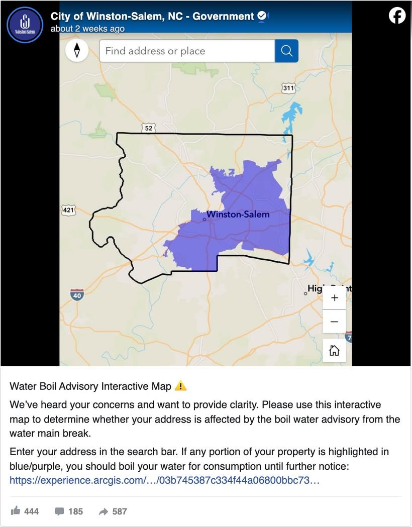 Winston-Salem, North Carolina Facebook post sharing an interactive water boil advisory map where residents can enter their address